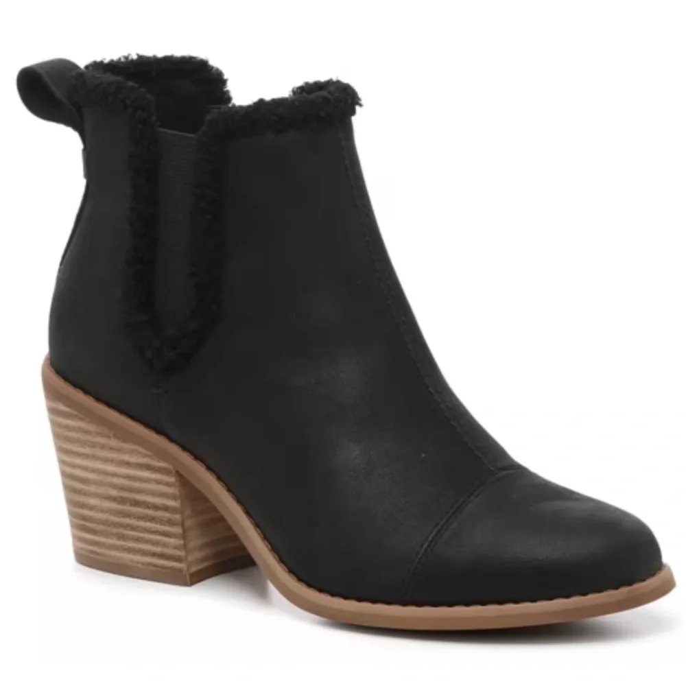 TOMS Everly Sherpa Trim Chelsea Ankle Boots Black Leather Size 10